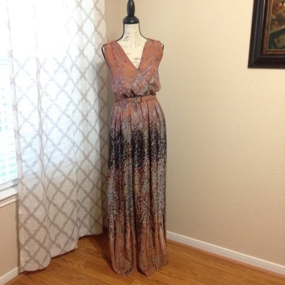 Chelsea & Violet Boho Maxi Dress Rust Orange V-Neck Belted Photoshoot M - Picture 7 of 8